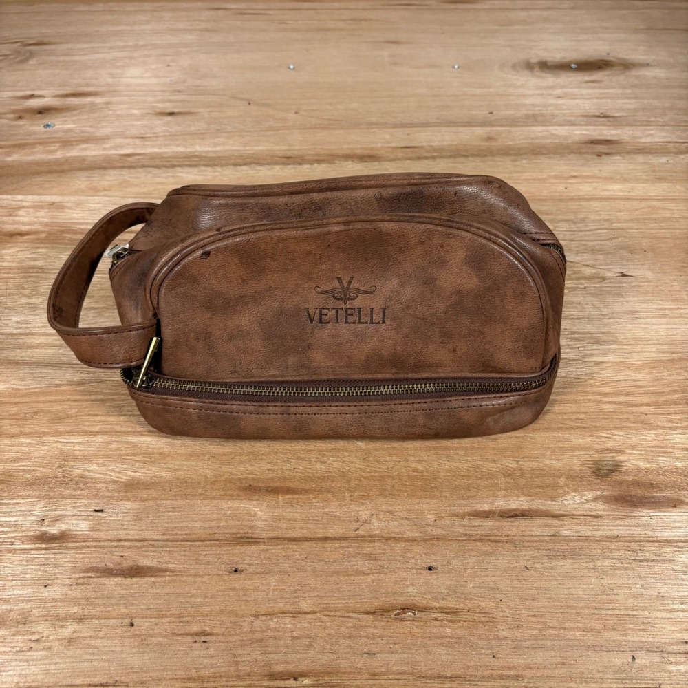 Vetelli Mens Toiletry Bag Brown Vegan Leather Dopp Kit Travel Grooming Case